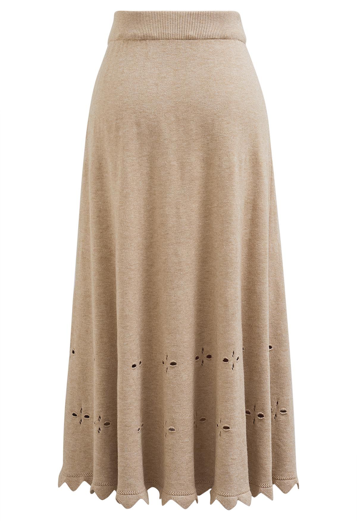 Zigzag Hemline Hollow Out Knit Midi Skirt in Oatmeal