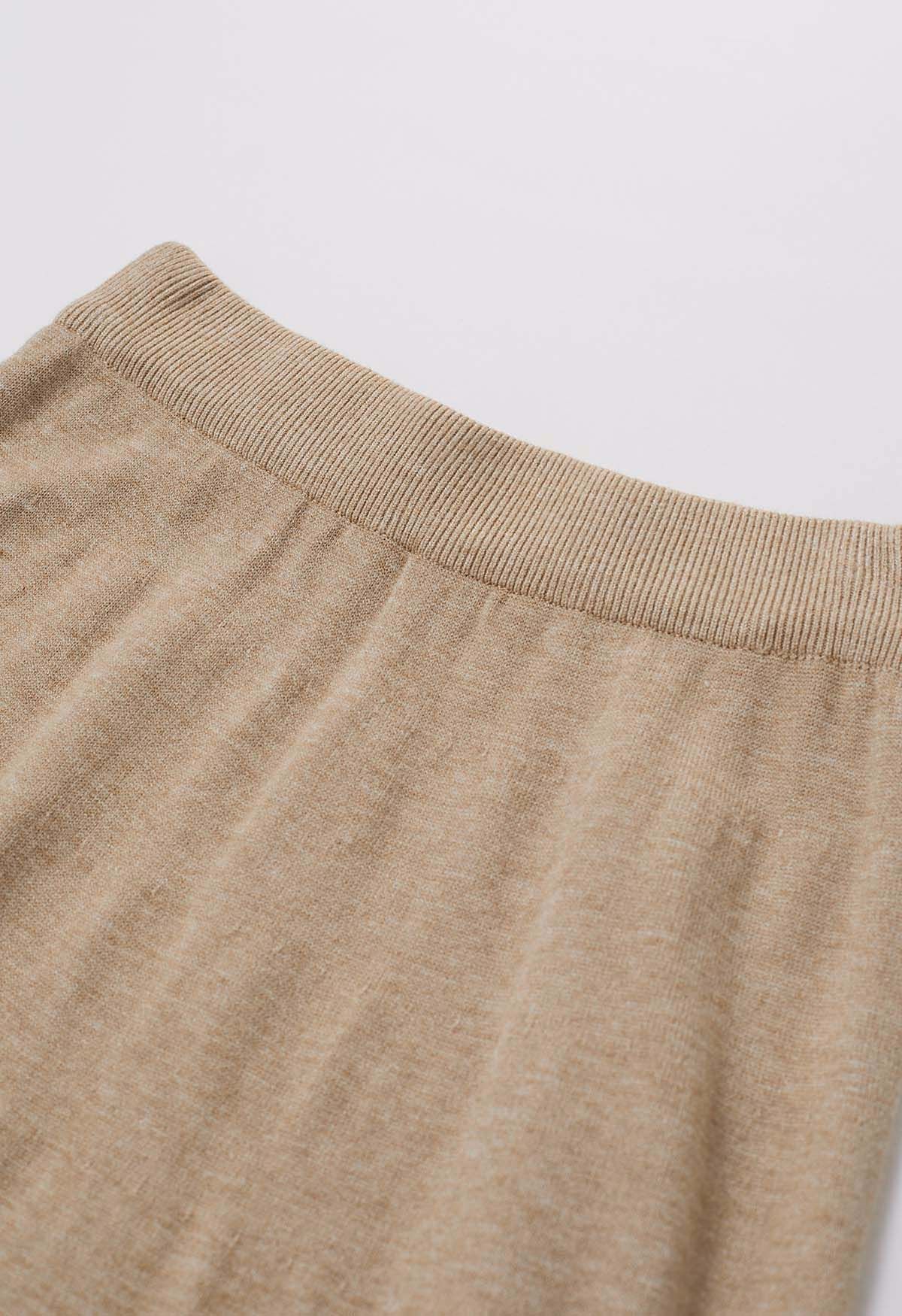 Zigzag Hemline Hollow Out Knit Midi Skirt in Oatmeal