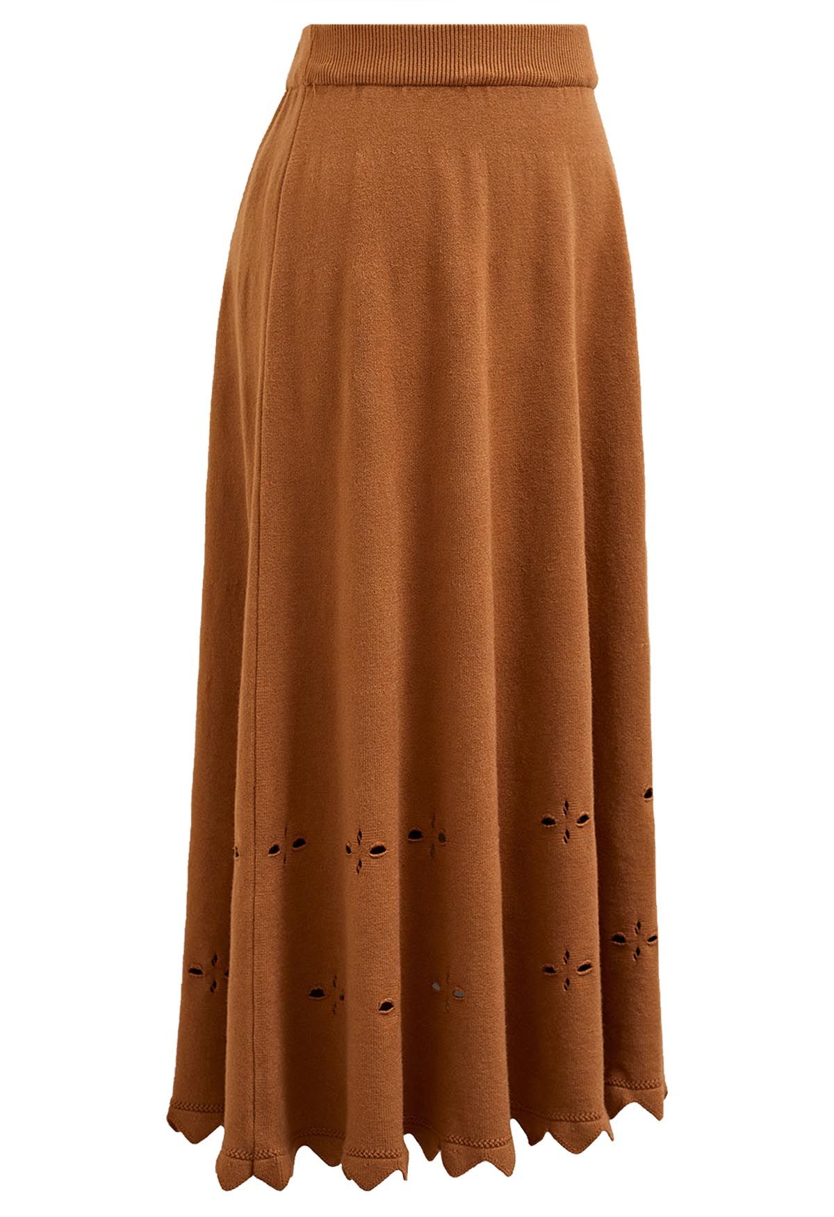 Zigzag Hemline Hollow Out Knit Midi Skirt in Pumpkin