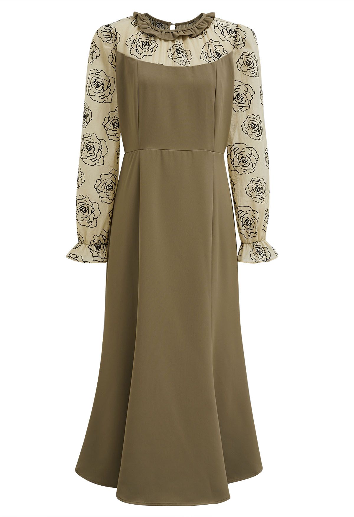 Rose Sketch Spliced Ruffle Midi Dress in Khaki