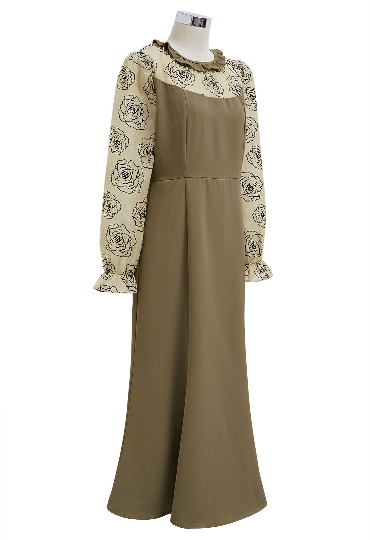 Rose Sketch Spliced Ruffle Midi Dress in Khaki