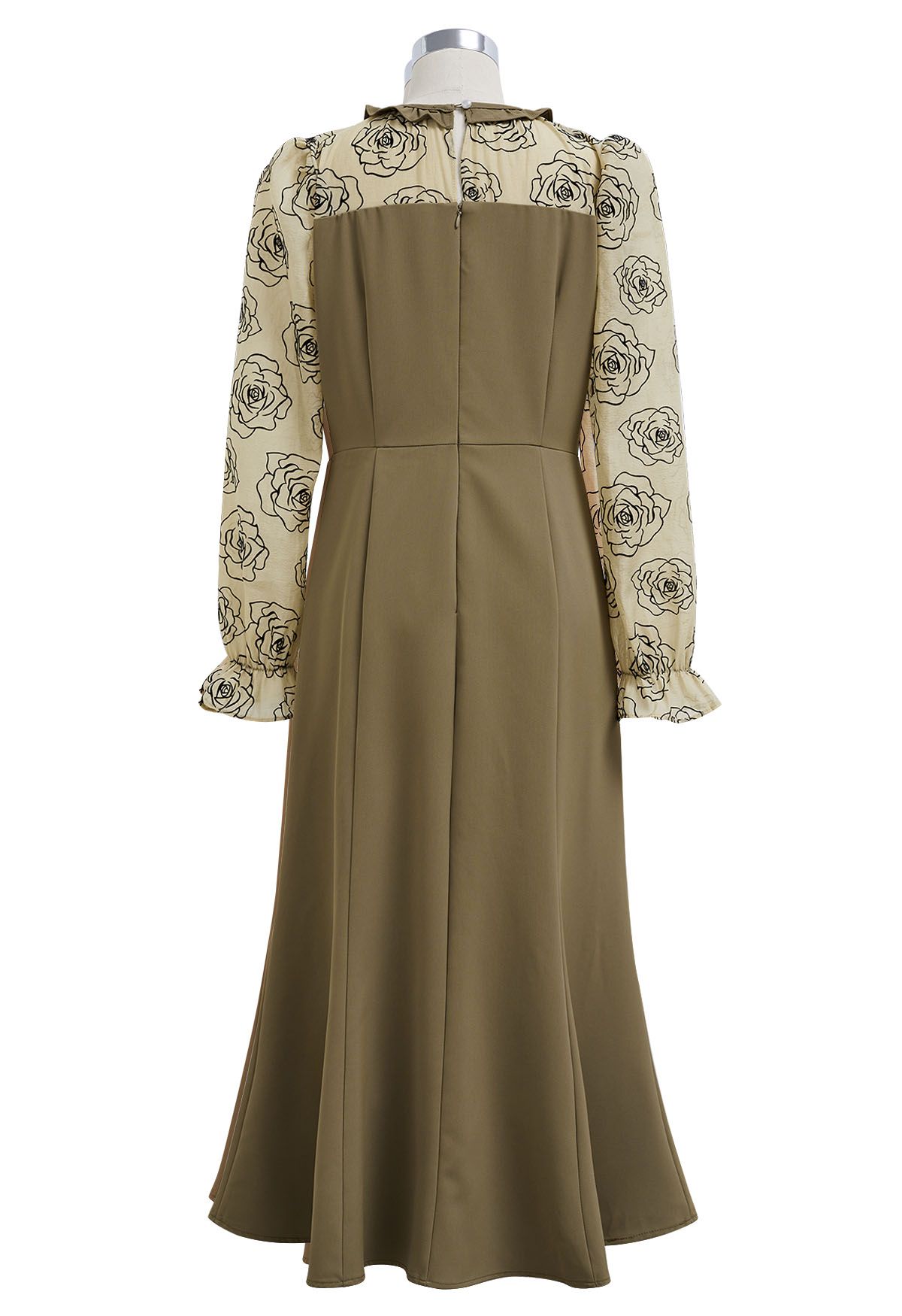 Rose Sketch Spliced Ruffle Midi Dress in Khaki