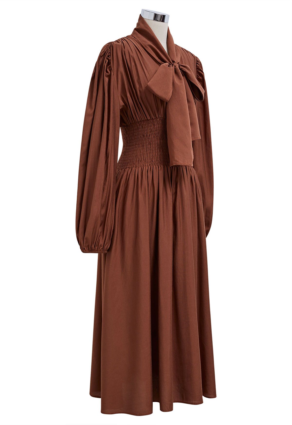 Self-Tie Bowknot Neckline Puff Sleeves Midi Dress in Rust