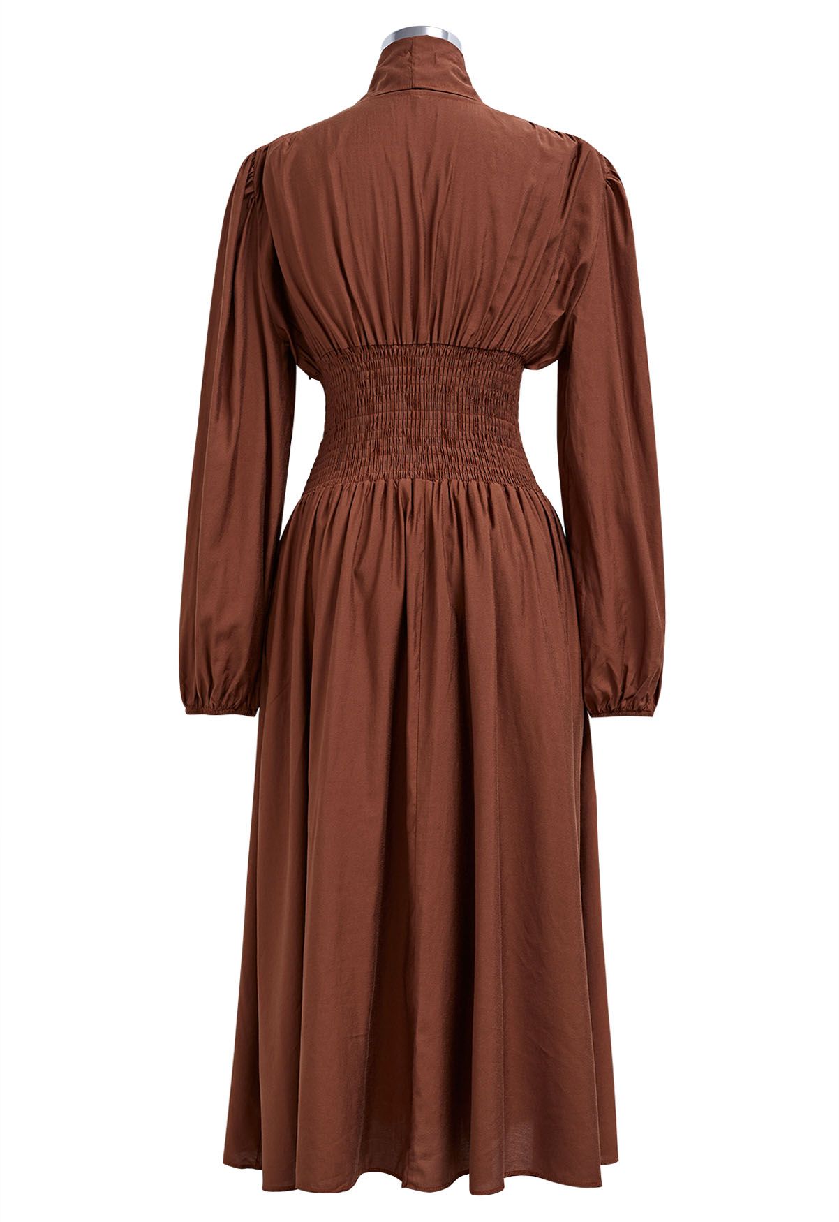 Self-Tie Bowknot Neckline Puff Sleeves Midi Dress in Rust