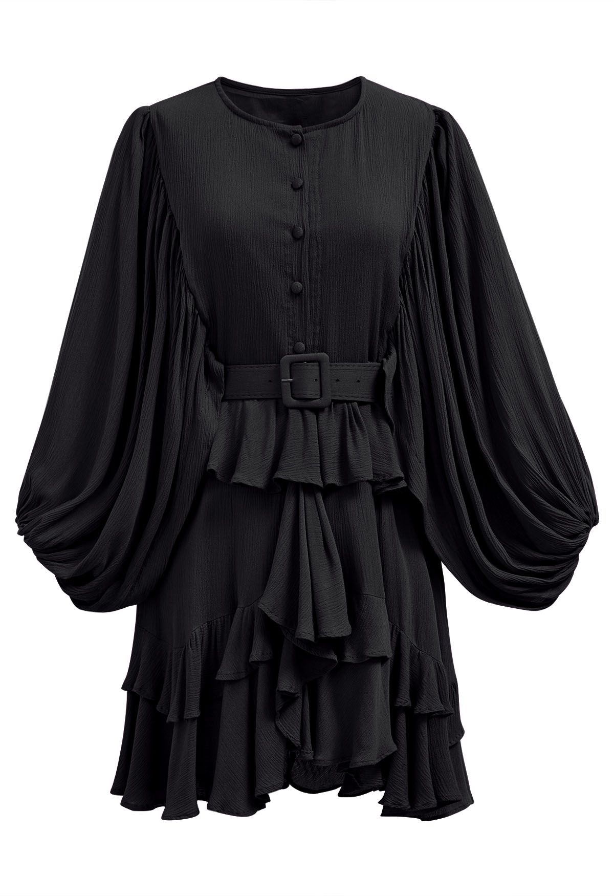 Exaggerated Bubble Sleeve Belted Ruffle Dress in Black