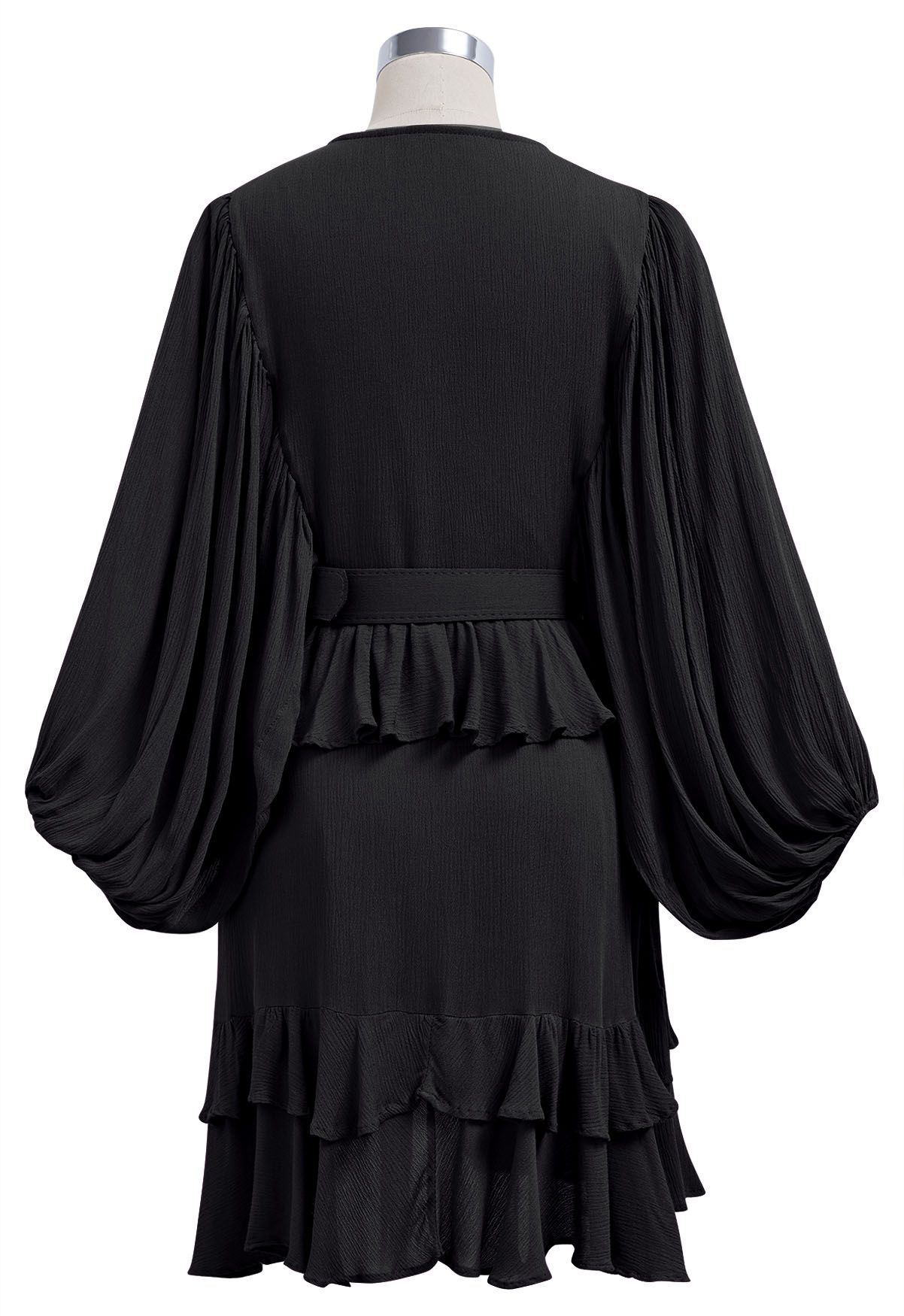 Exaggerated Bubble Sleeve Belted Ruffle Dress in Black