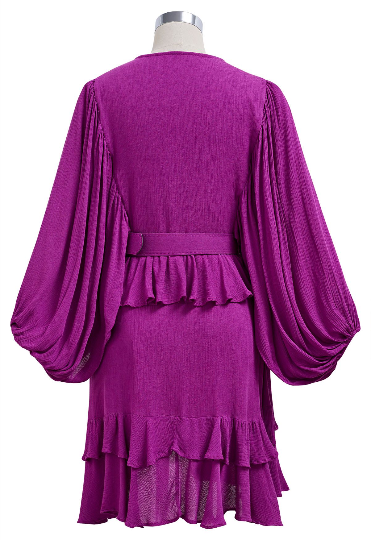 Exaggerated Bubble Sleeve Belted Ruffle Dress in Magenta