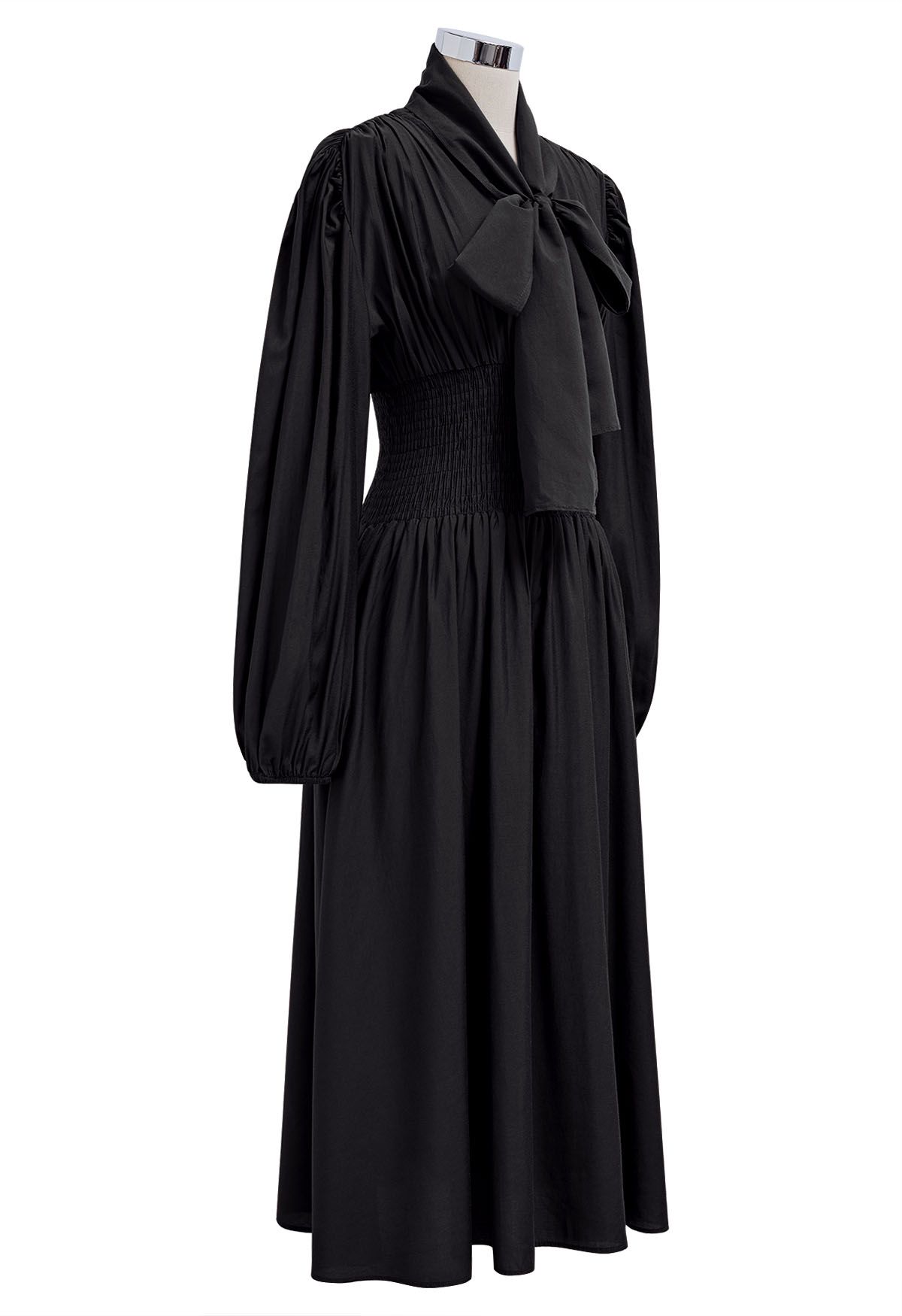 Self-Tie Bowknot Neckline Puff Sleeves Midi Dress in Black