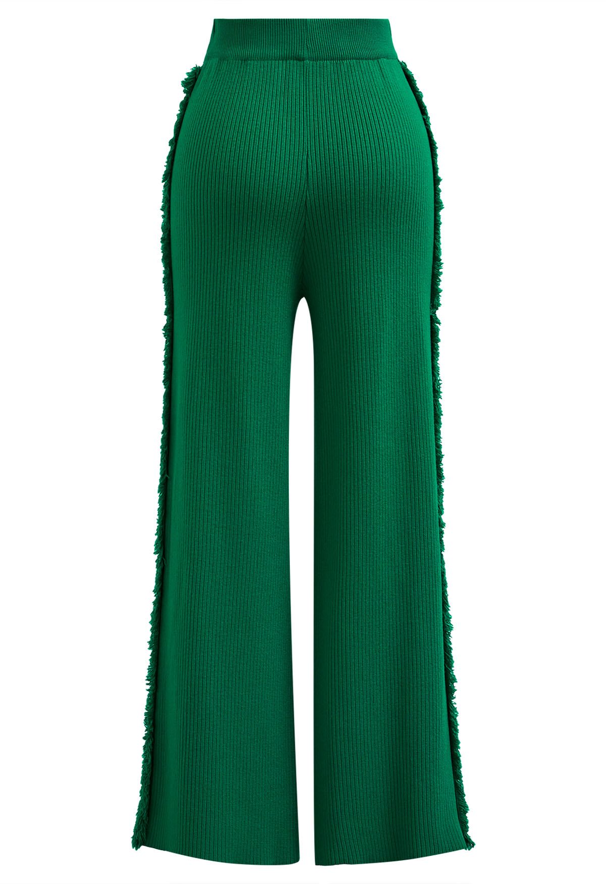 Side Tassel Trim Straight-Leg Knit Pants in Green