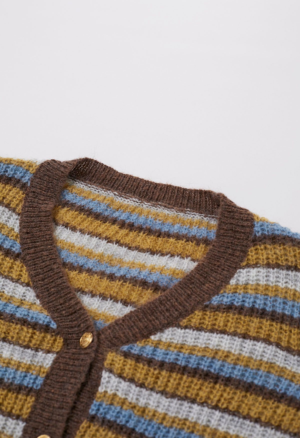 Multicolored Striped Button Front Knit Cardigan in Tan - Retro