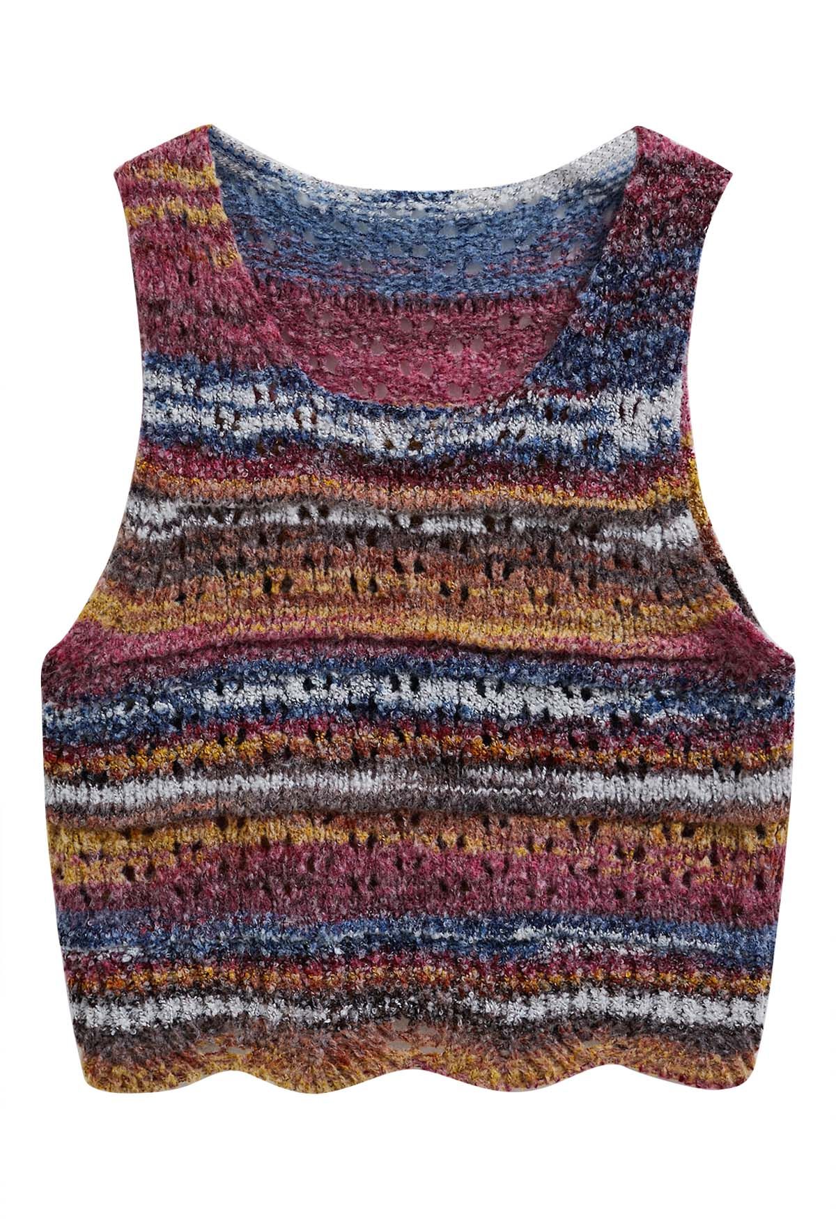 Multicolor Stripes Hollow Out Knit Vest in Violet