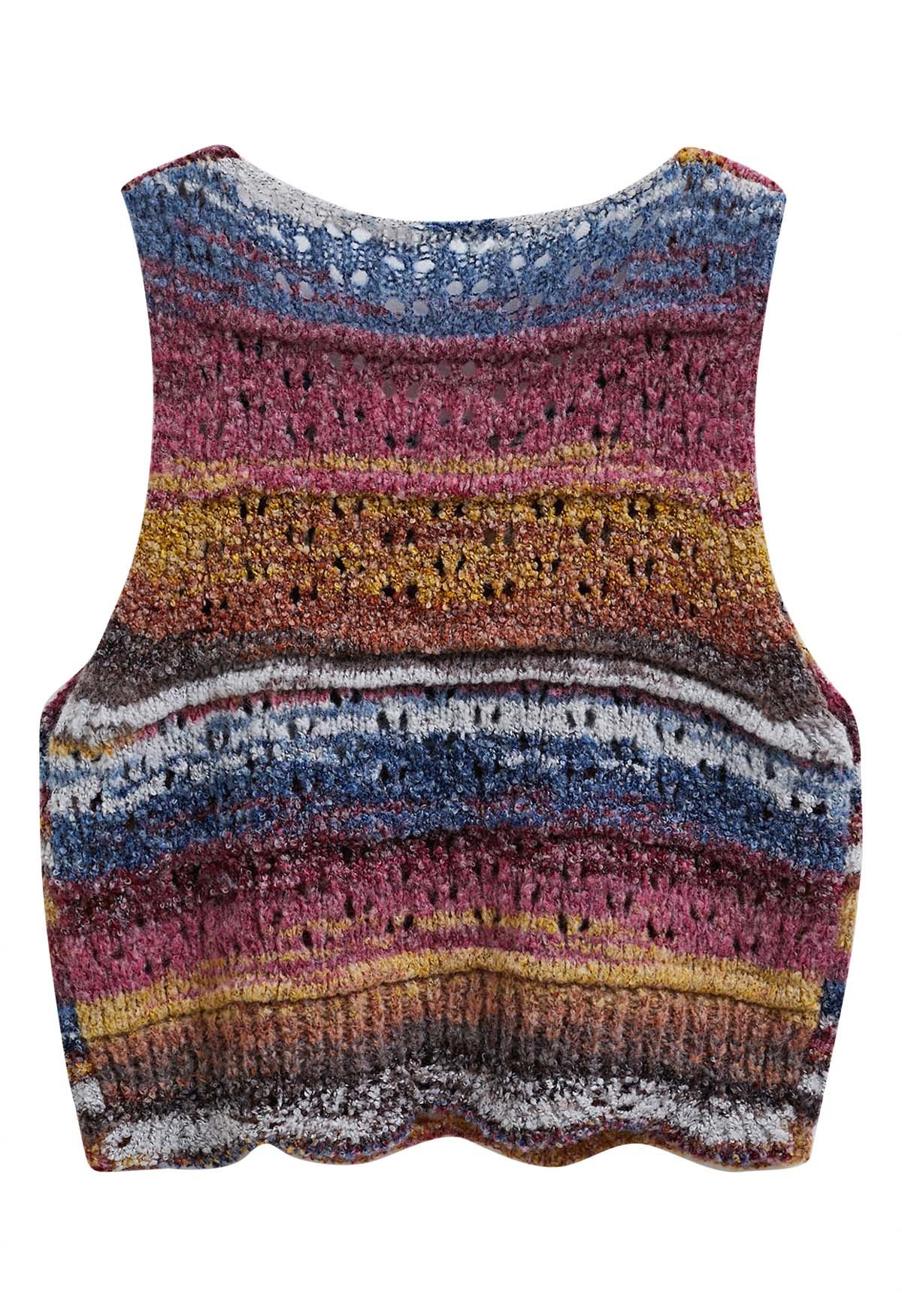 Multicolor Stripes Hollow Out Knit Vest in Violet