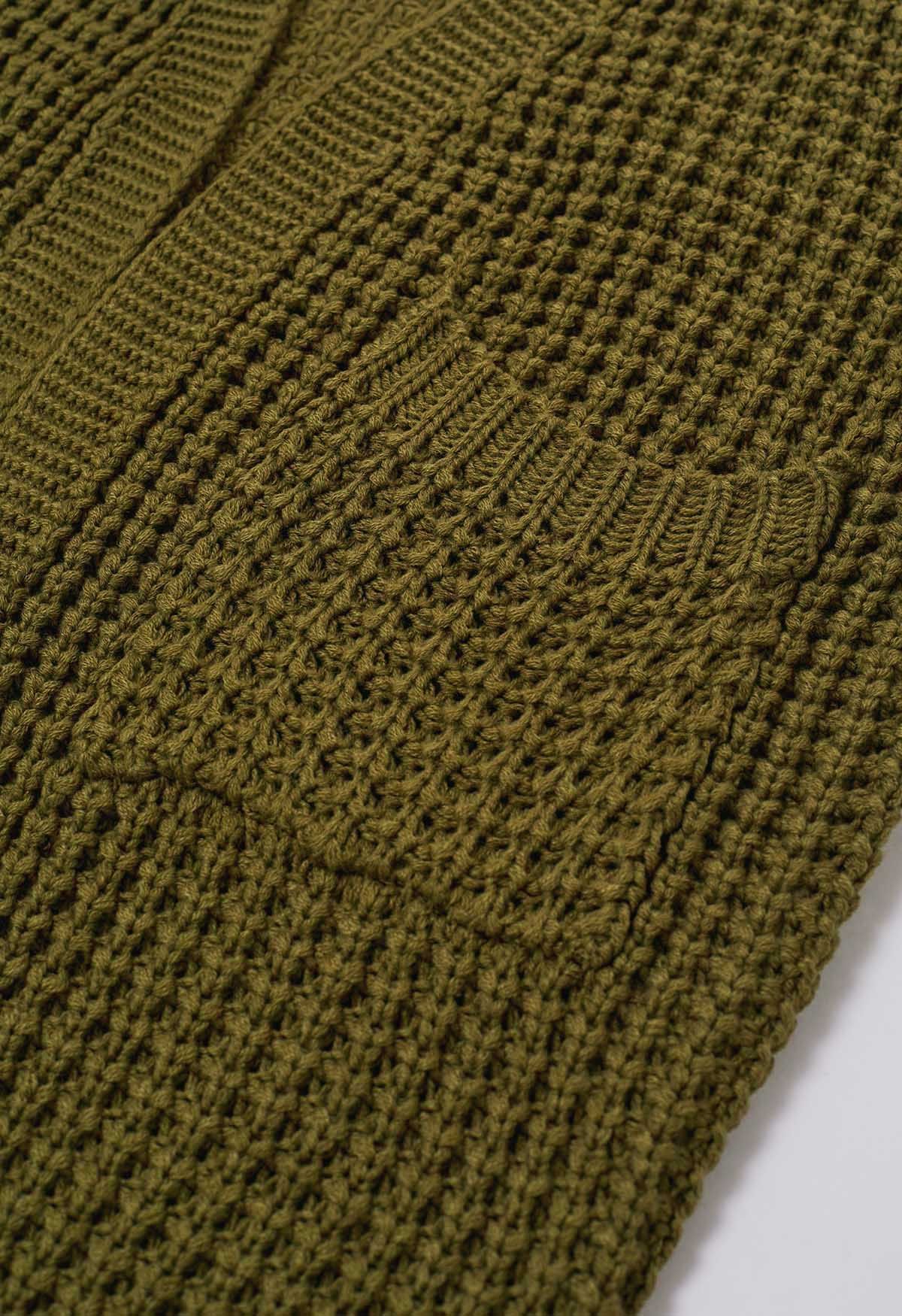 Batwing-Sleeve Pockets Waffle Knit Cardigan in Olive