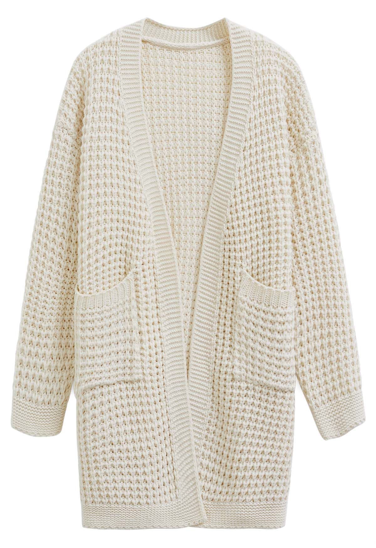 Batwing-Sleeve Pockets Waffle Knit Cardigan in Ivory