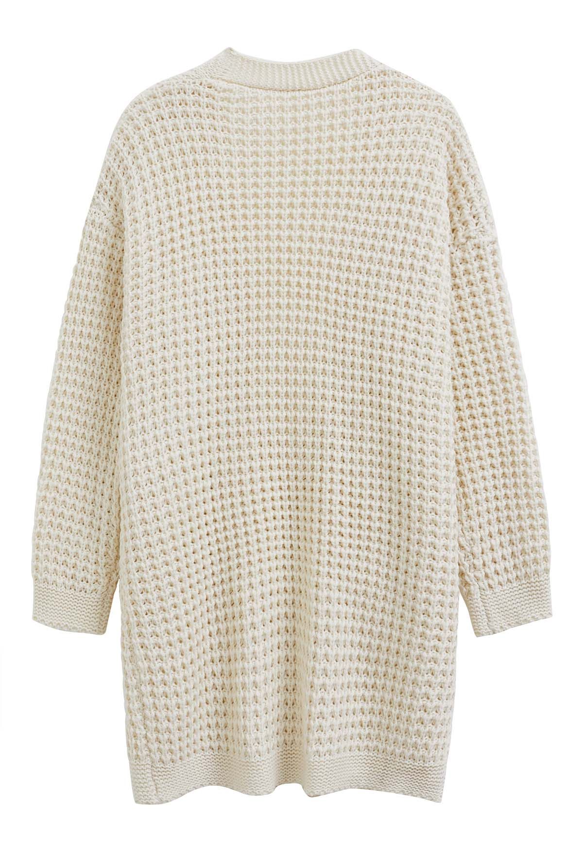 Batwing-Sleeve Pockets Waffle Knit Cardigan in Ivory