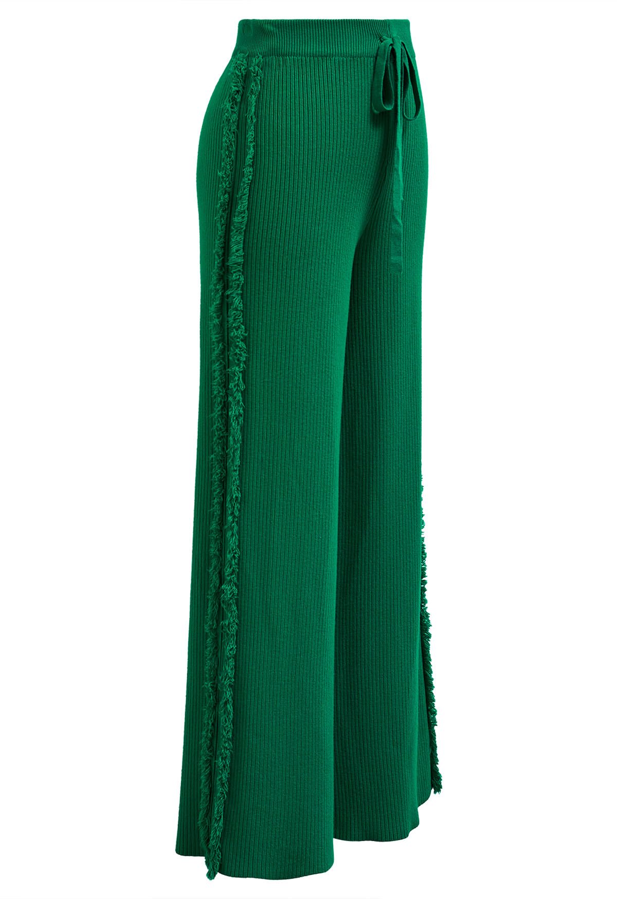 Side Tassel Trim Straight-Leg Knit Pants in Green