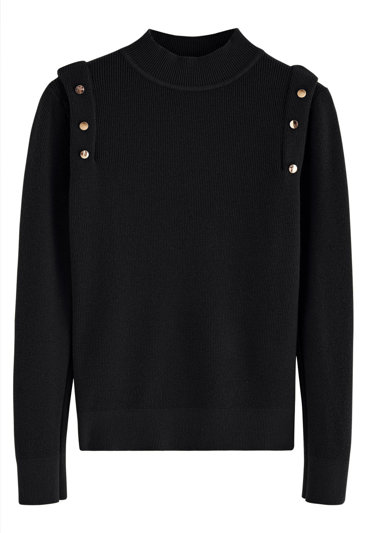 Buttons Embellished Mock Neck Knit Top in Black