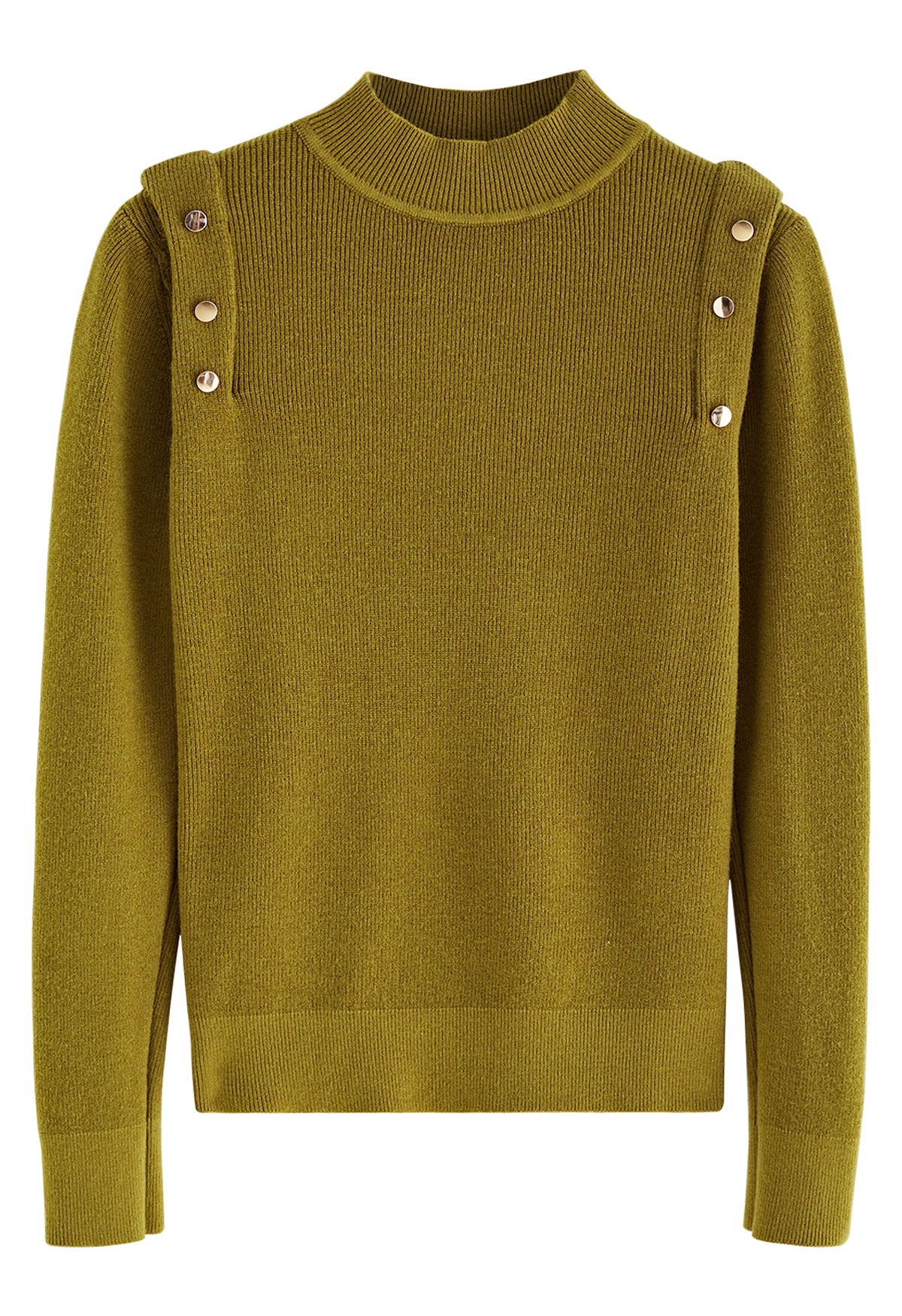 Buttons Embellished Mock Neck Knit Top in Moss Green