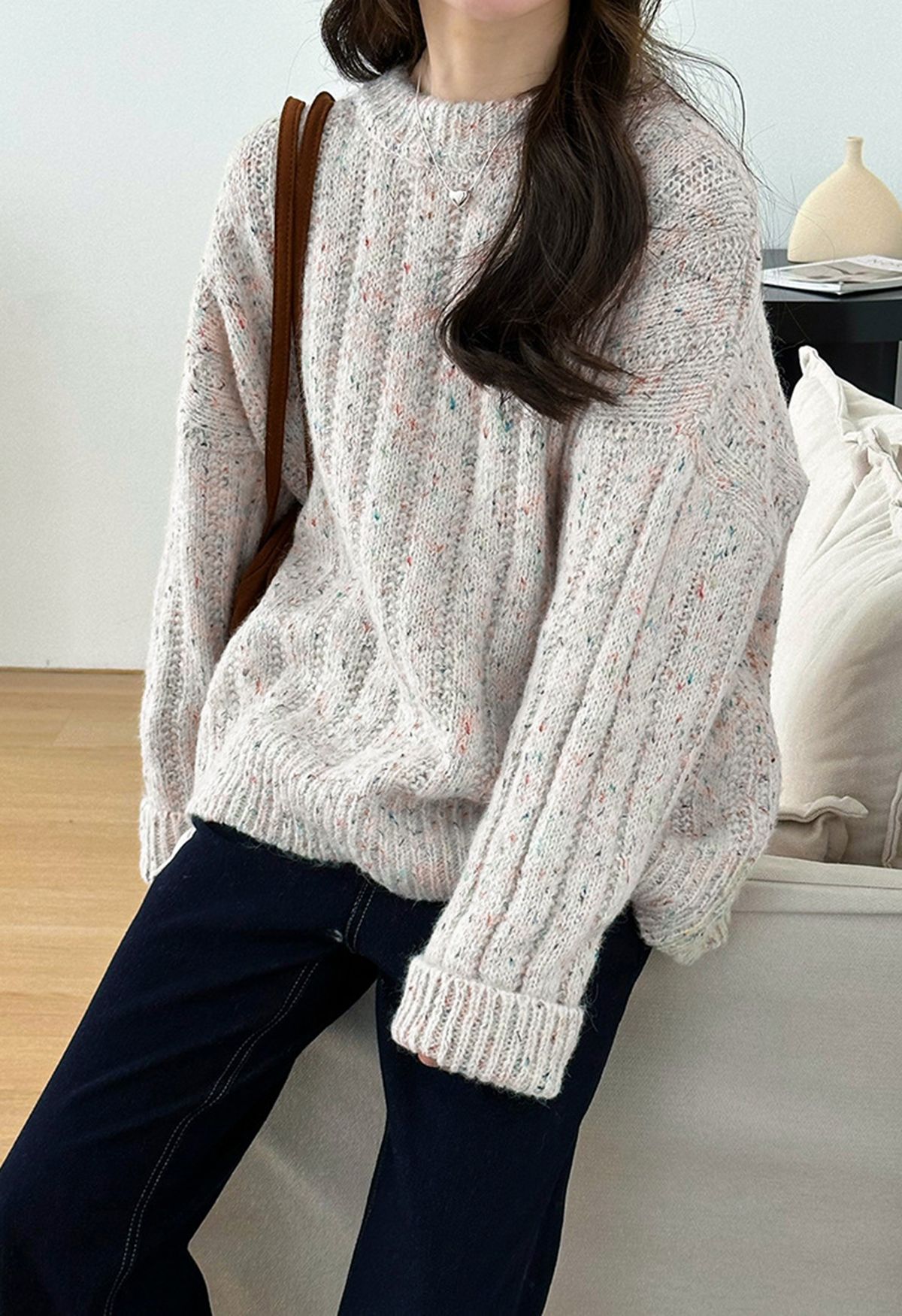 Crew Neck Confetti Knit Sweater in Ivory