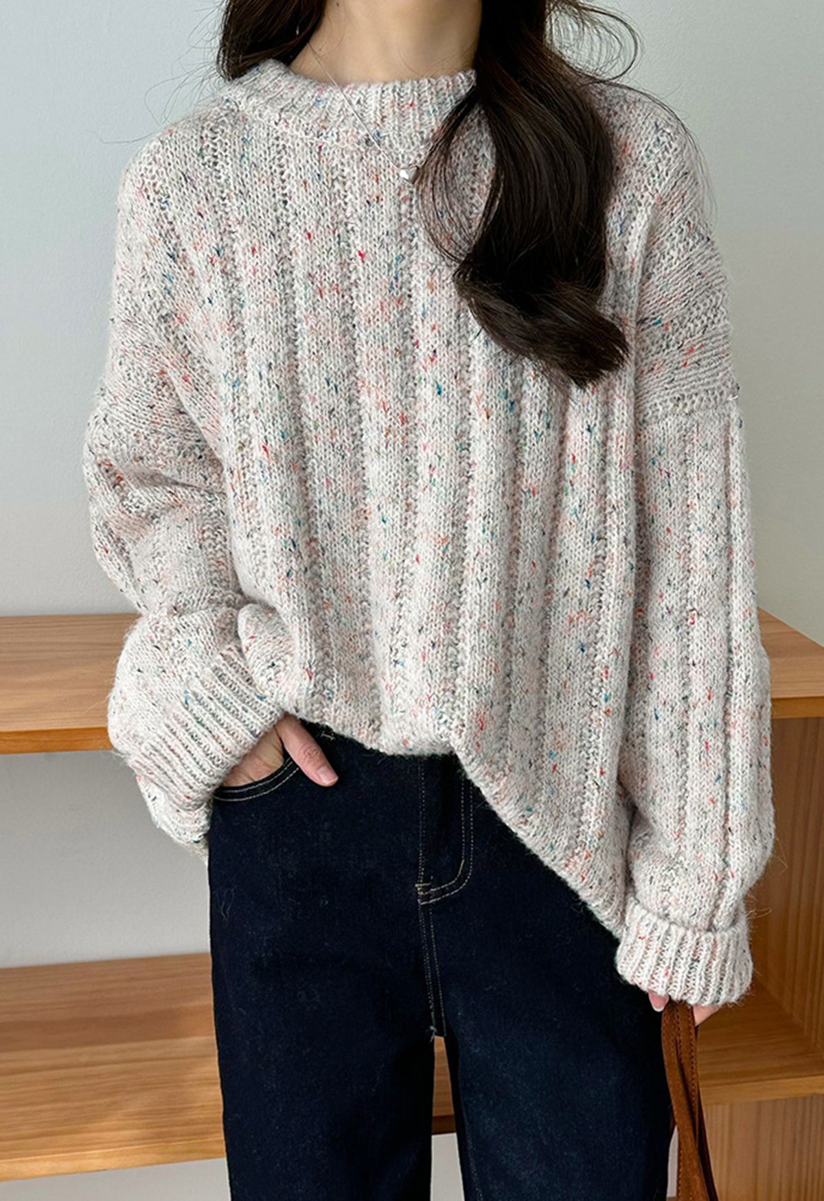 Crew Neck Confetti Knit Sweater in Ivory