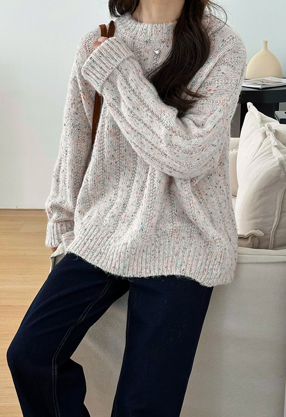 Crew Neck Confetti Knit Sweater in Ivory