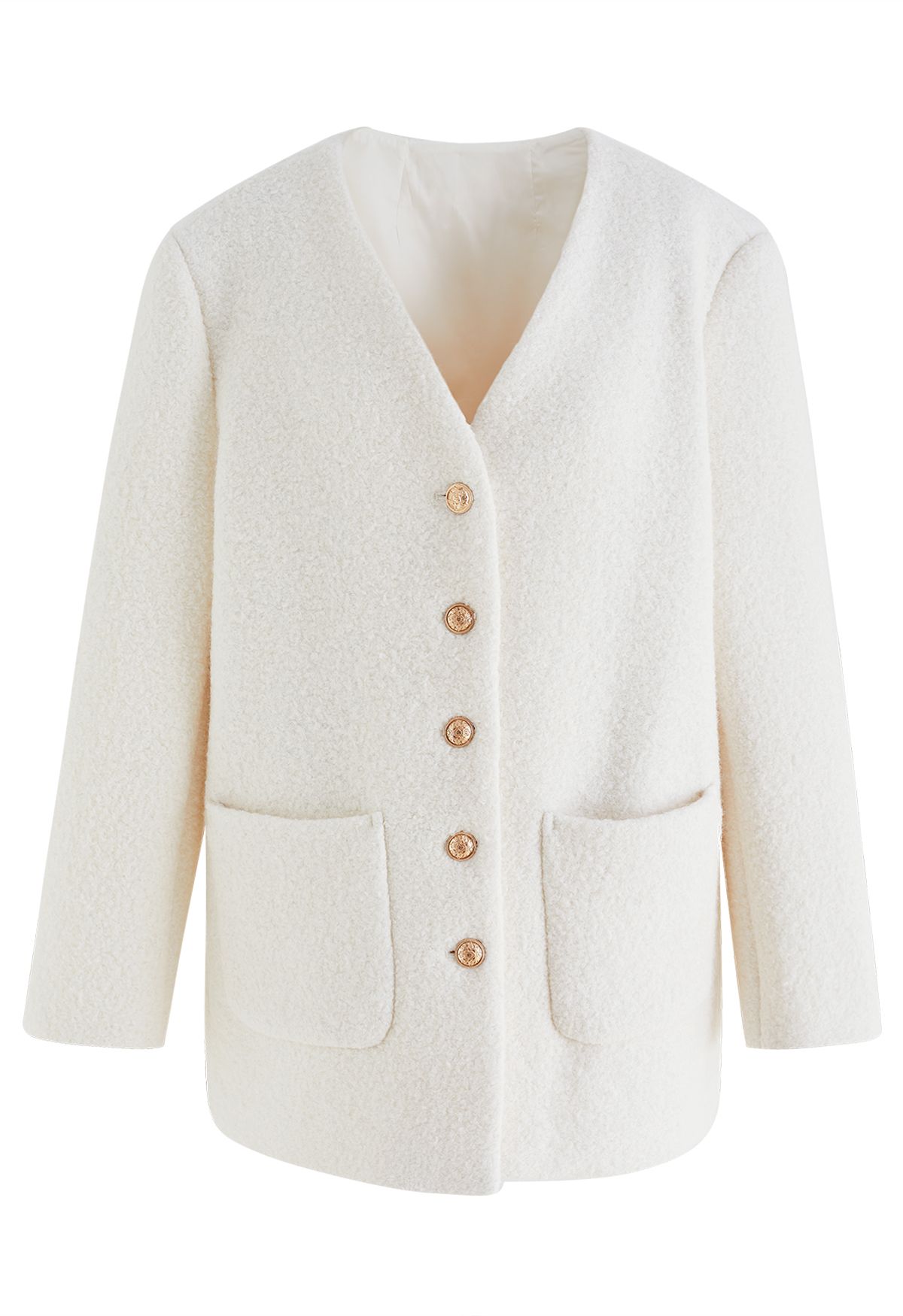 Collarless Button Down Wool-Blend Coat in Ivory - Retro, Indie and ...