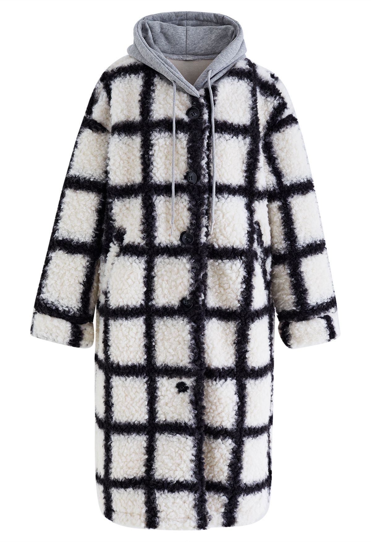 Grid Faux Fur Longline Hooded Coat