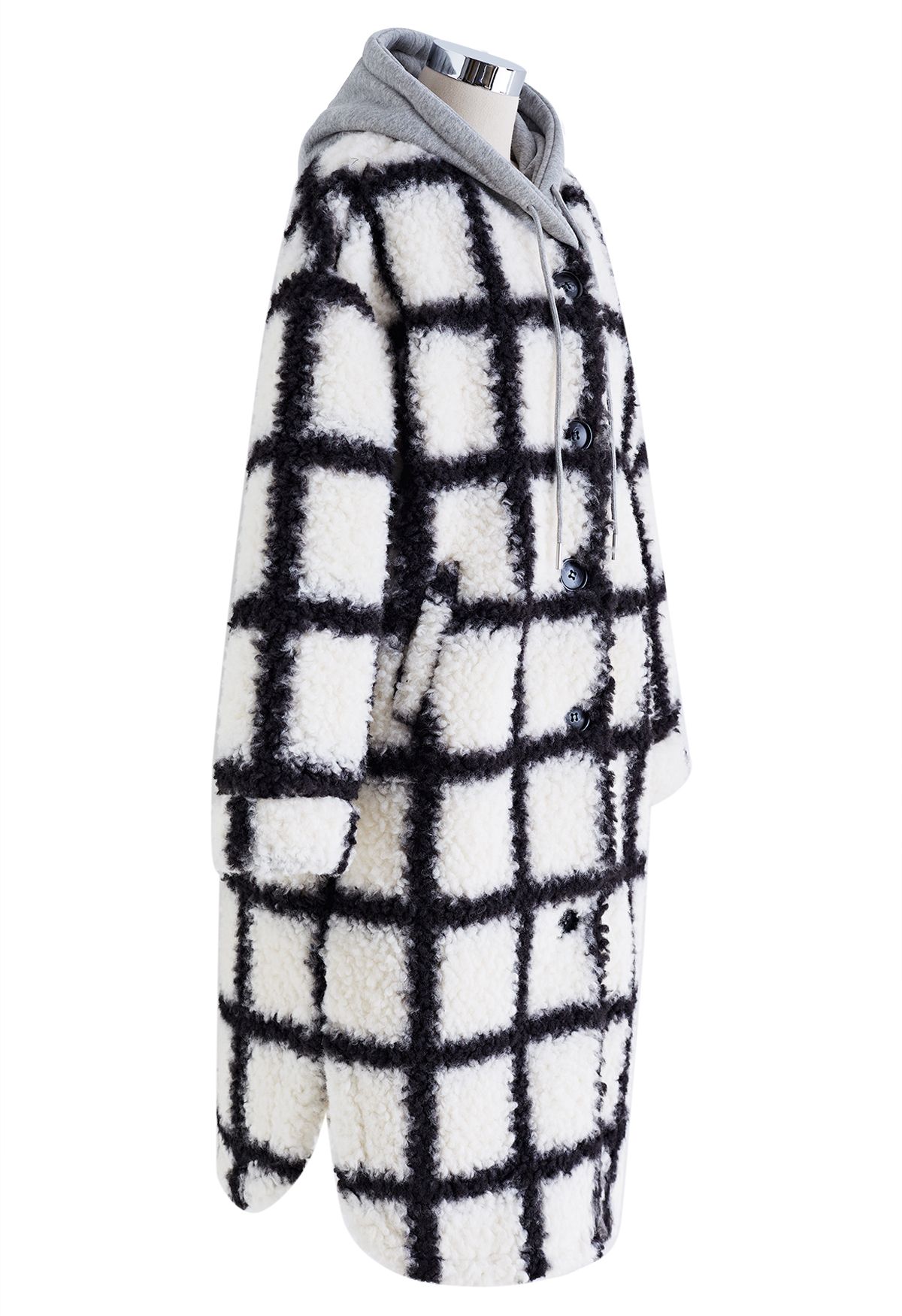 Grid Faux Fur Longline Hooded Coat