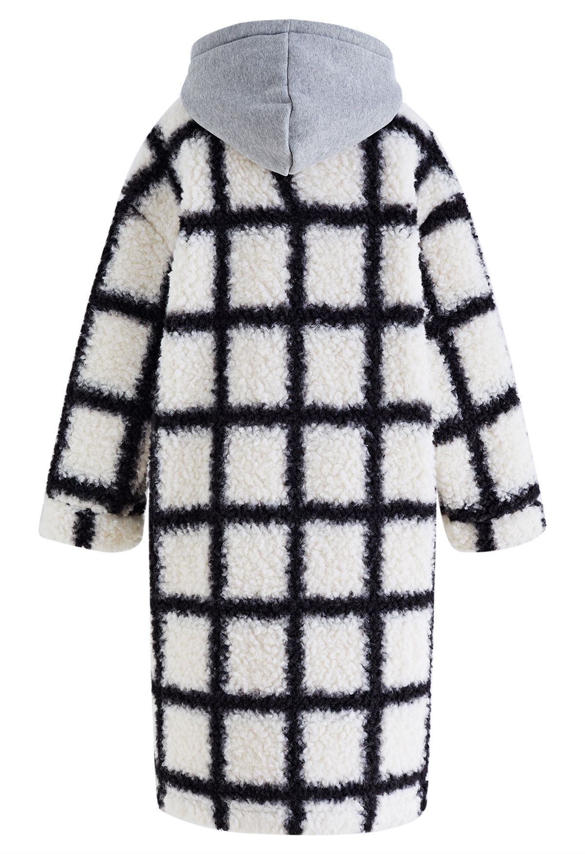 Grid Faux Fur Longline Hooded Coat