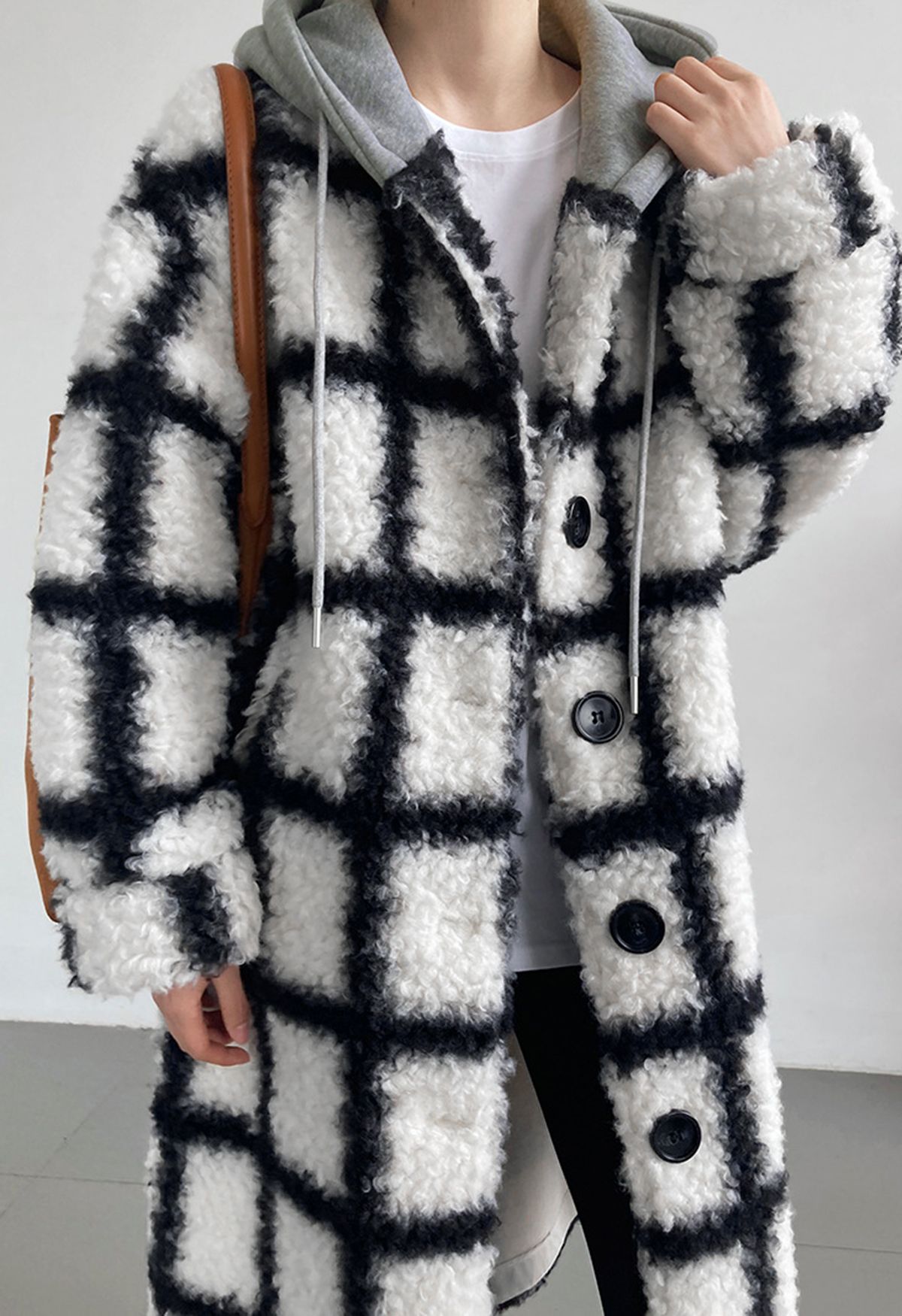 Grid Faux Fur Longline Hooded Coat