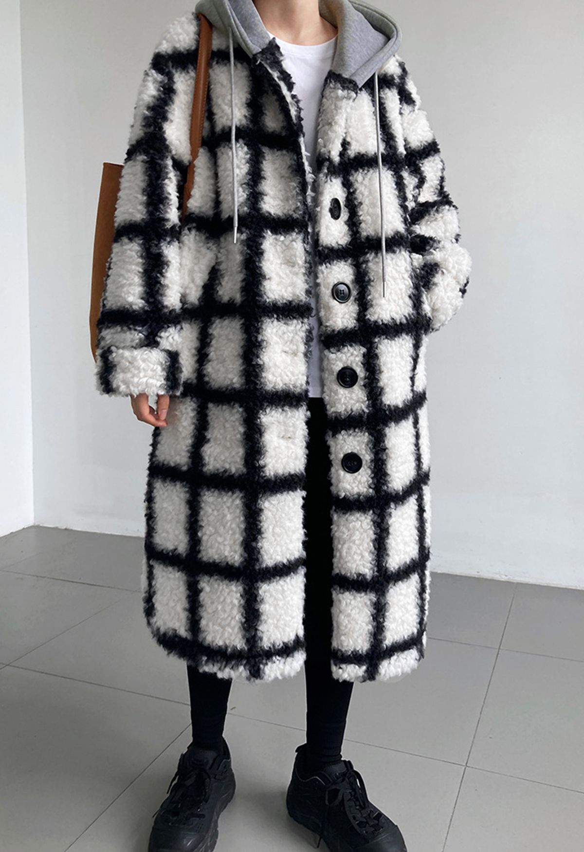 Grid Faux Fur Longline Hooded Coat