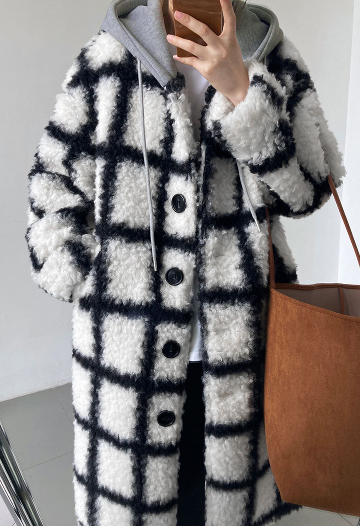 Grid Faux Fur Longline Hooded Coat