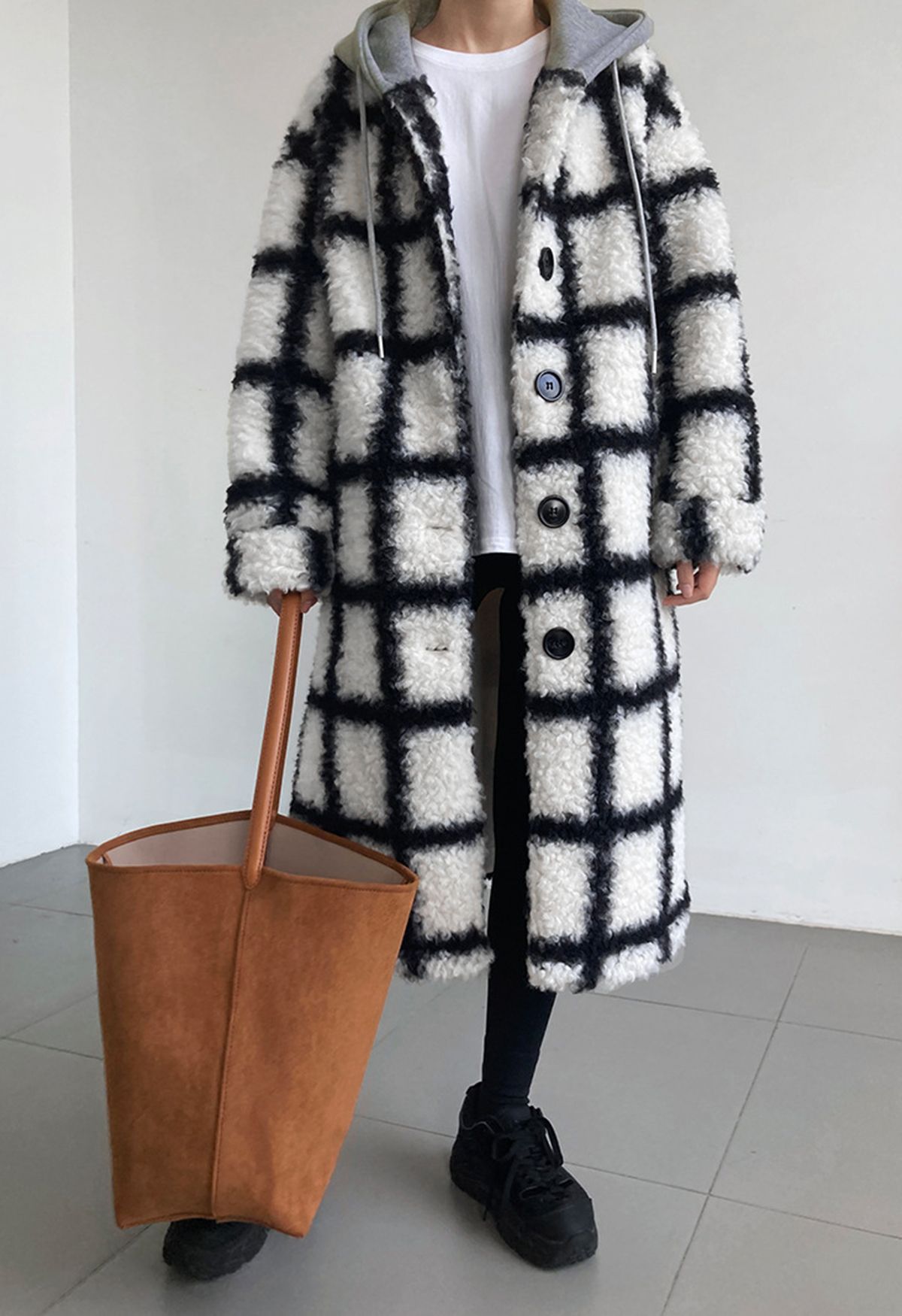 Grid Faux Fur Longline Hooded Coat