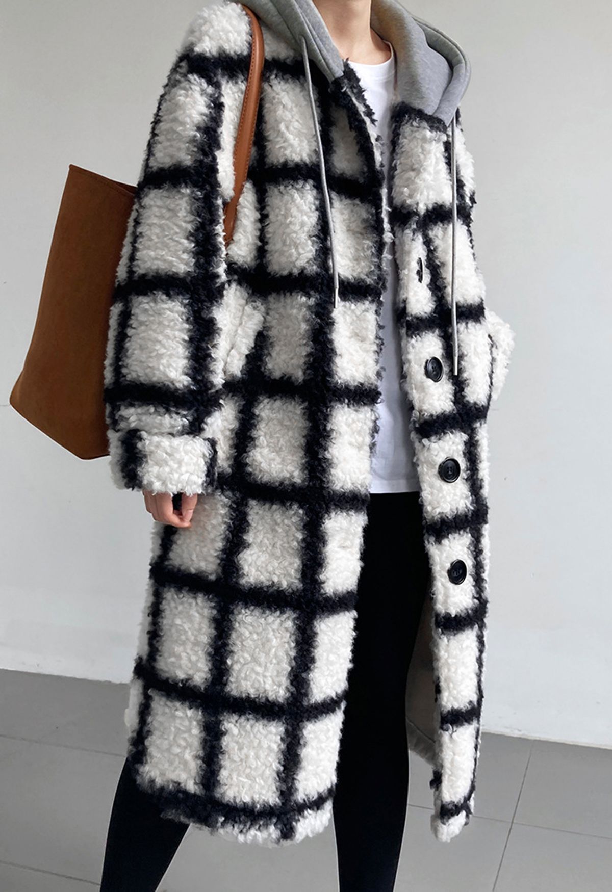 Grid Faux Fur Longline Hooded Coat