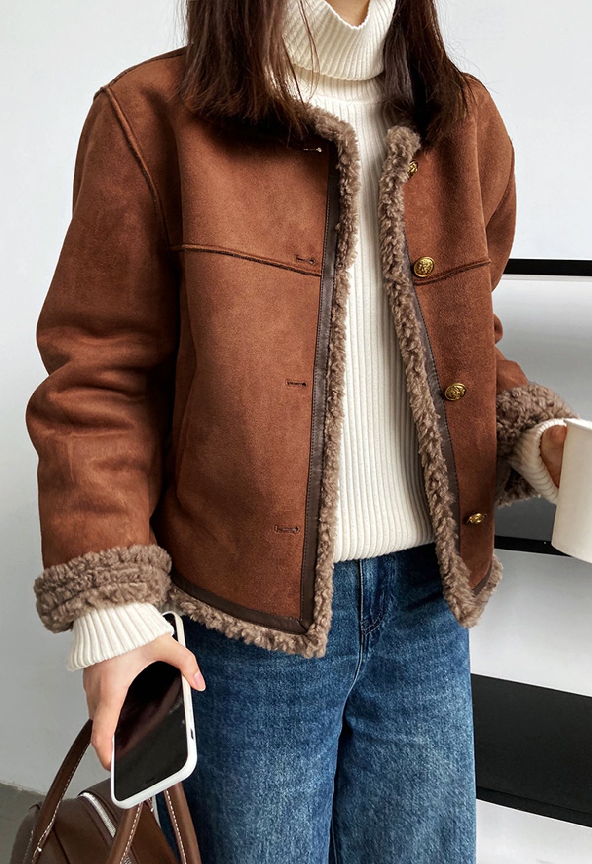 Collarless Suede Faux Fur Coat in Rust Red