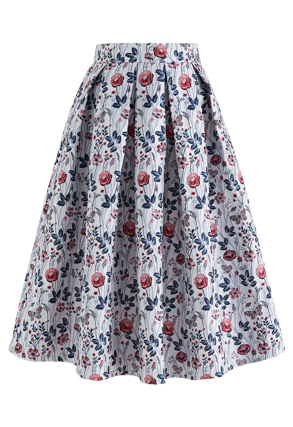 Lost in Rose Bush Jacquard Pleated Midi Skirt in Ivory - Retro, Indie ...