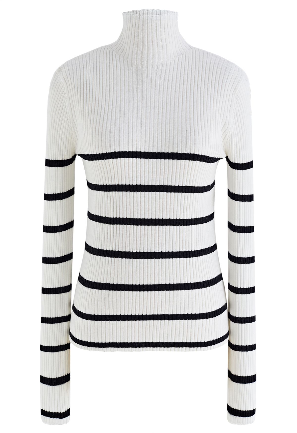 Mock Neck Striped Rib Knit Top in White