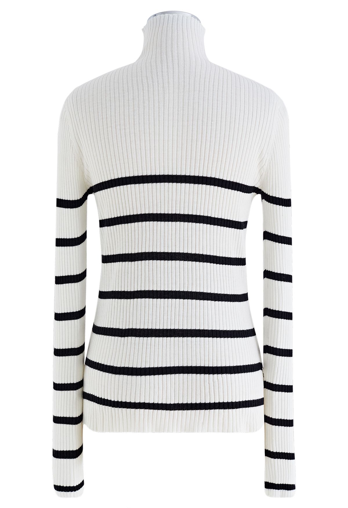 Mock Neck Striped Rib Knit Top in White