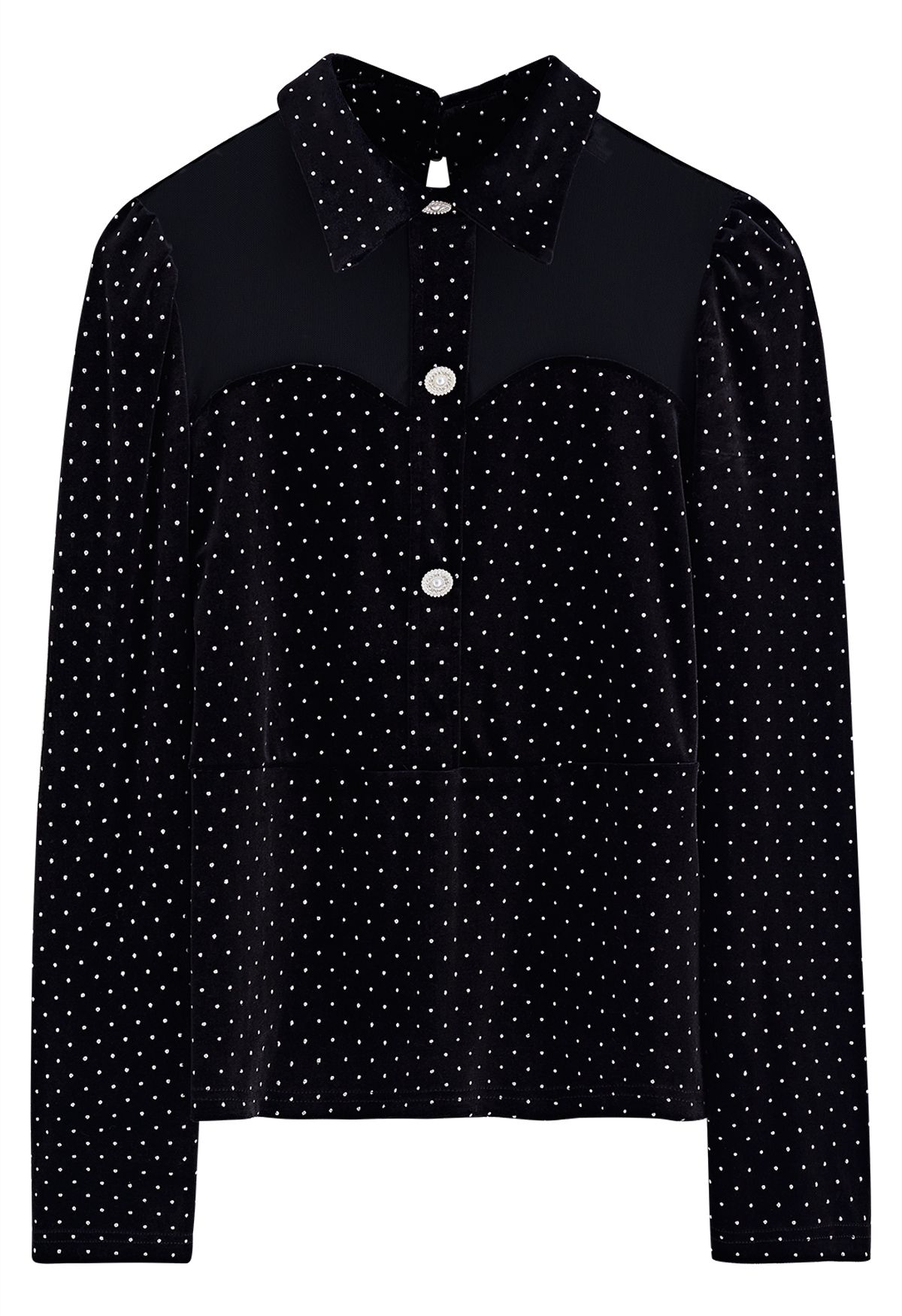 Shiny Dots Mesh Inserted Velvet Top