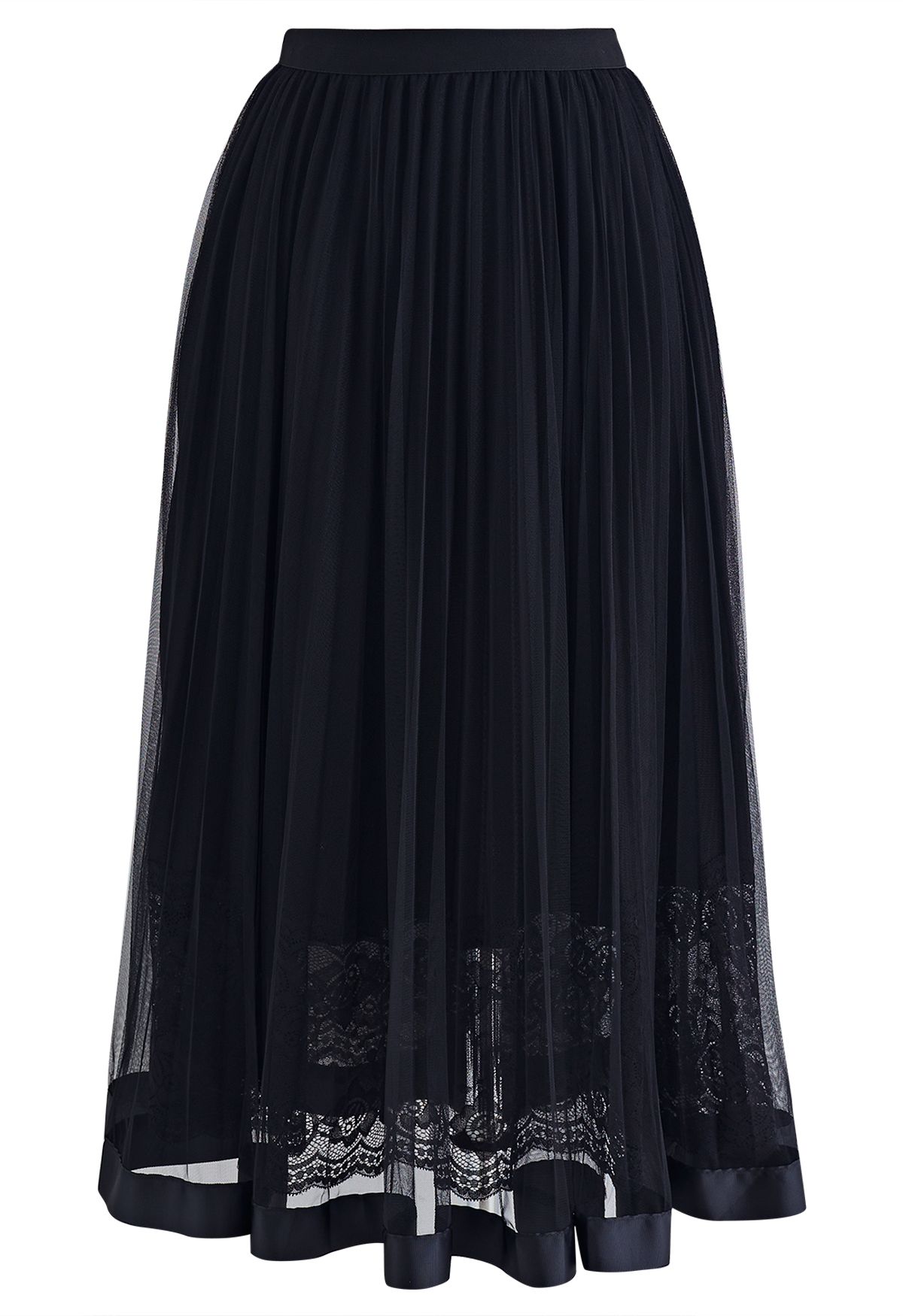 Lace Hem Double-Layered Mesh Midi Skirt in Black - Retro, Indie and ...