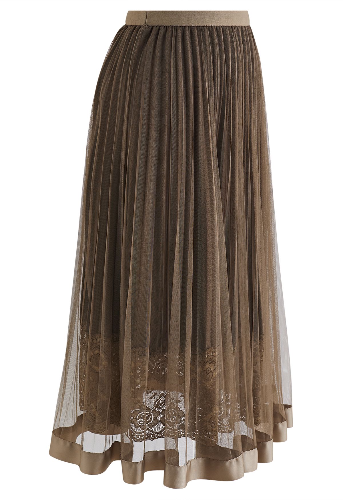 Lace Hem Double-Layered Mesh Midi Skirt in Brown