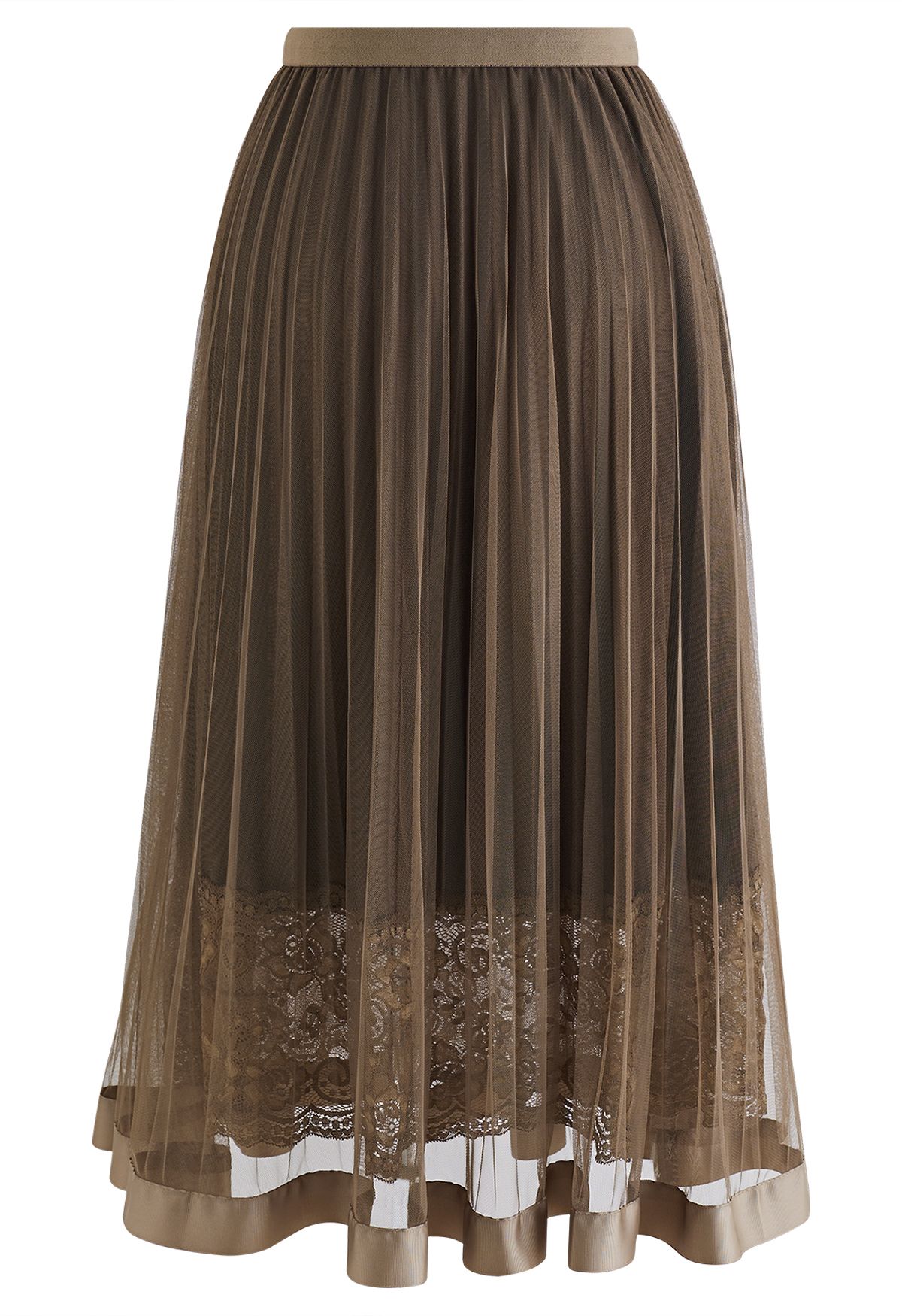 Lace Hem Double-Layered Mesh Midi Skirt in Brown