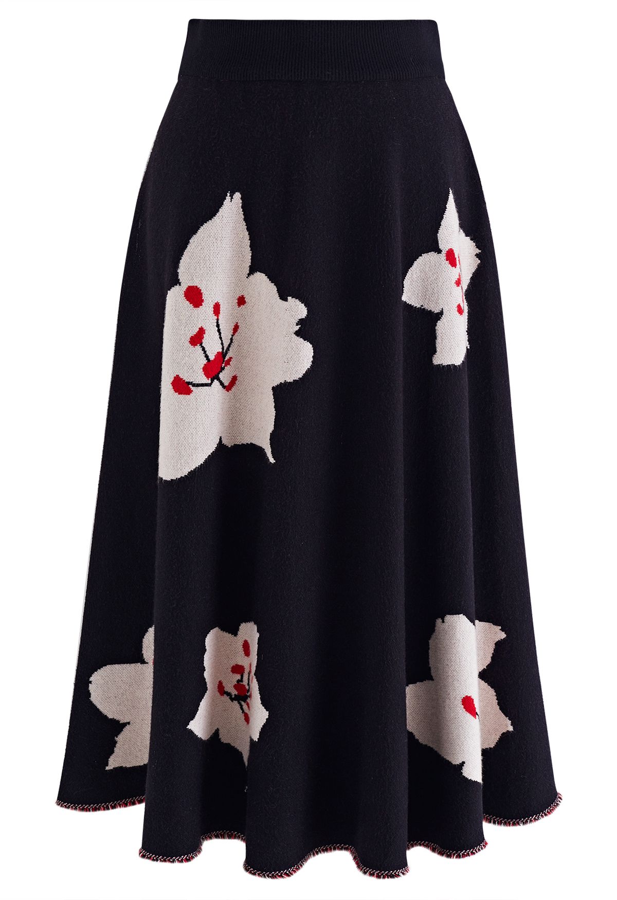 Fringed Hem Floral Knit Midi Skirt