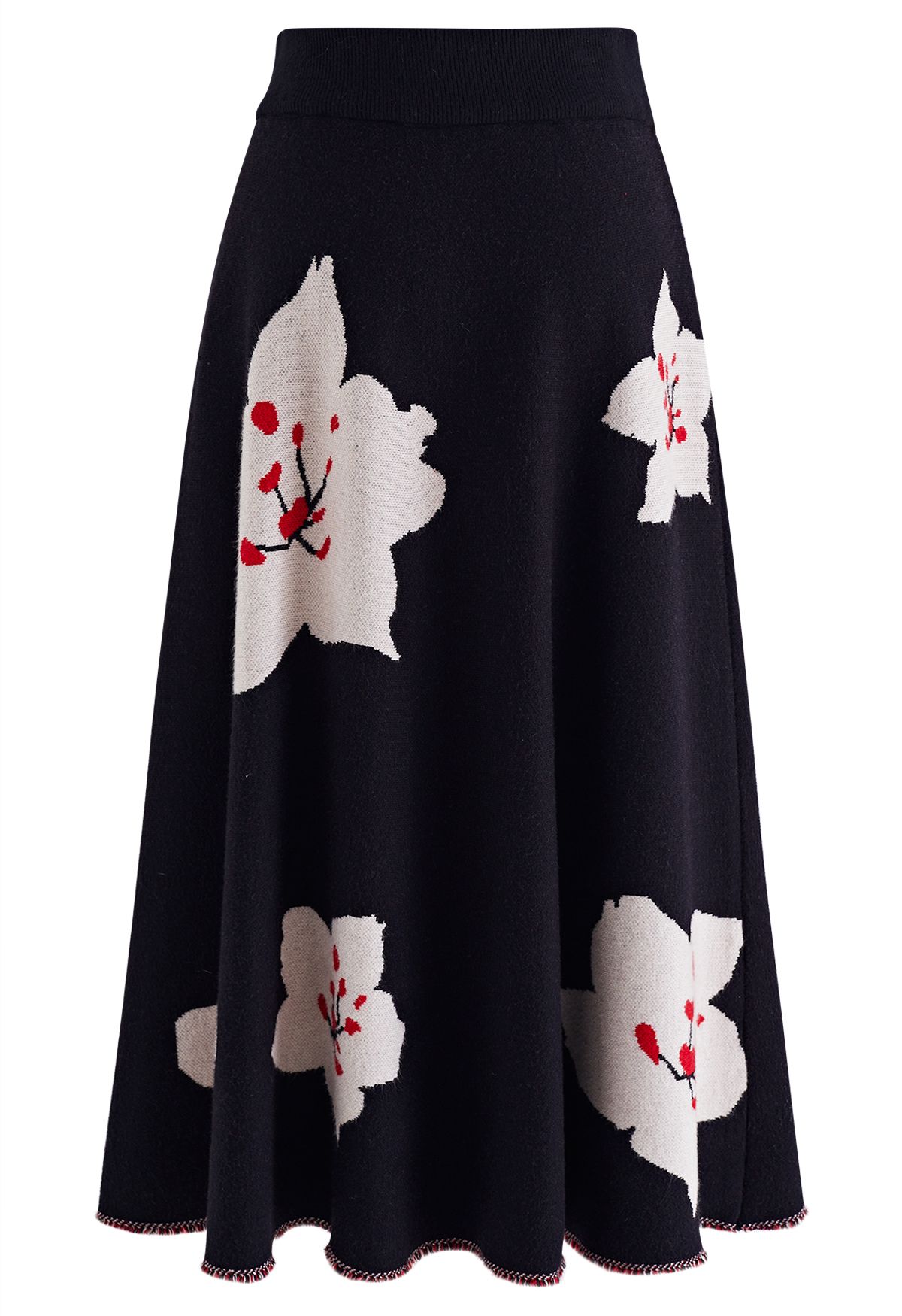 Fringed Hem Floral Knit Midi Skirt