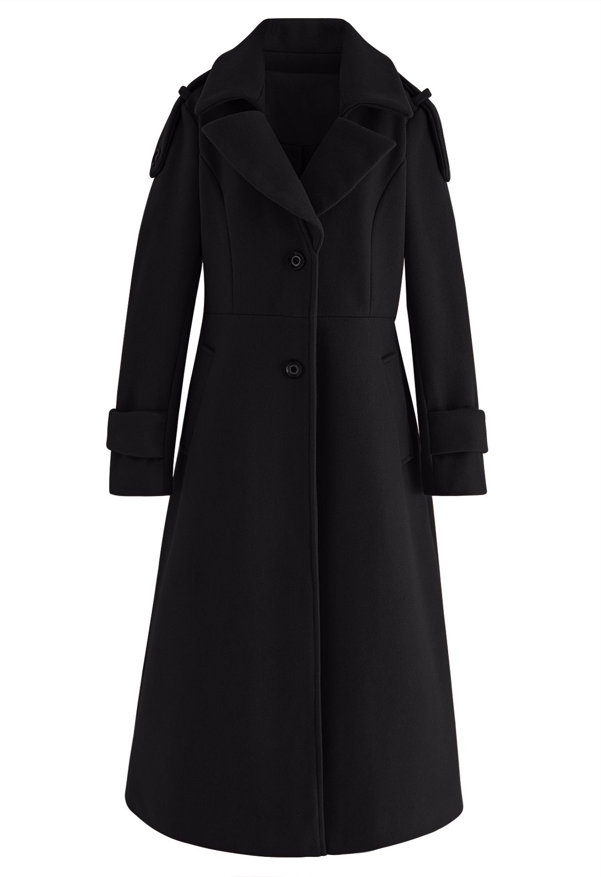 Notch Lapel Wool-Blend Flare Longline Coat in Black