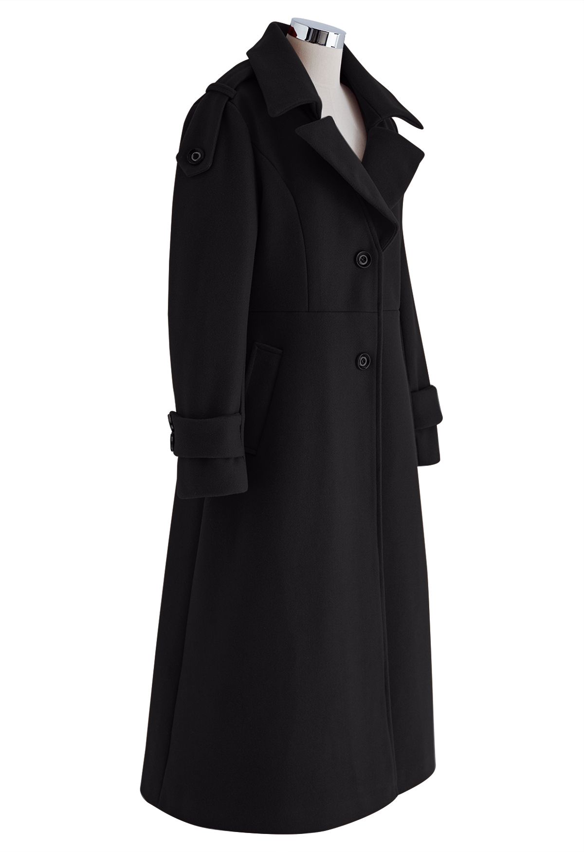 Notch Lapel Wool-Blend Flare Longline Coat in Black