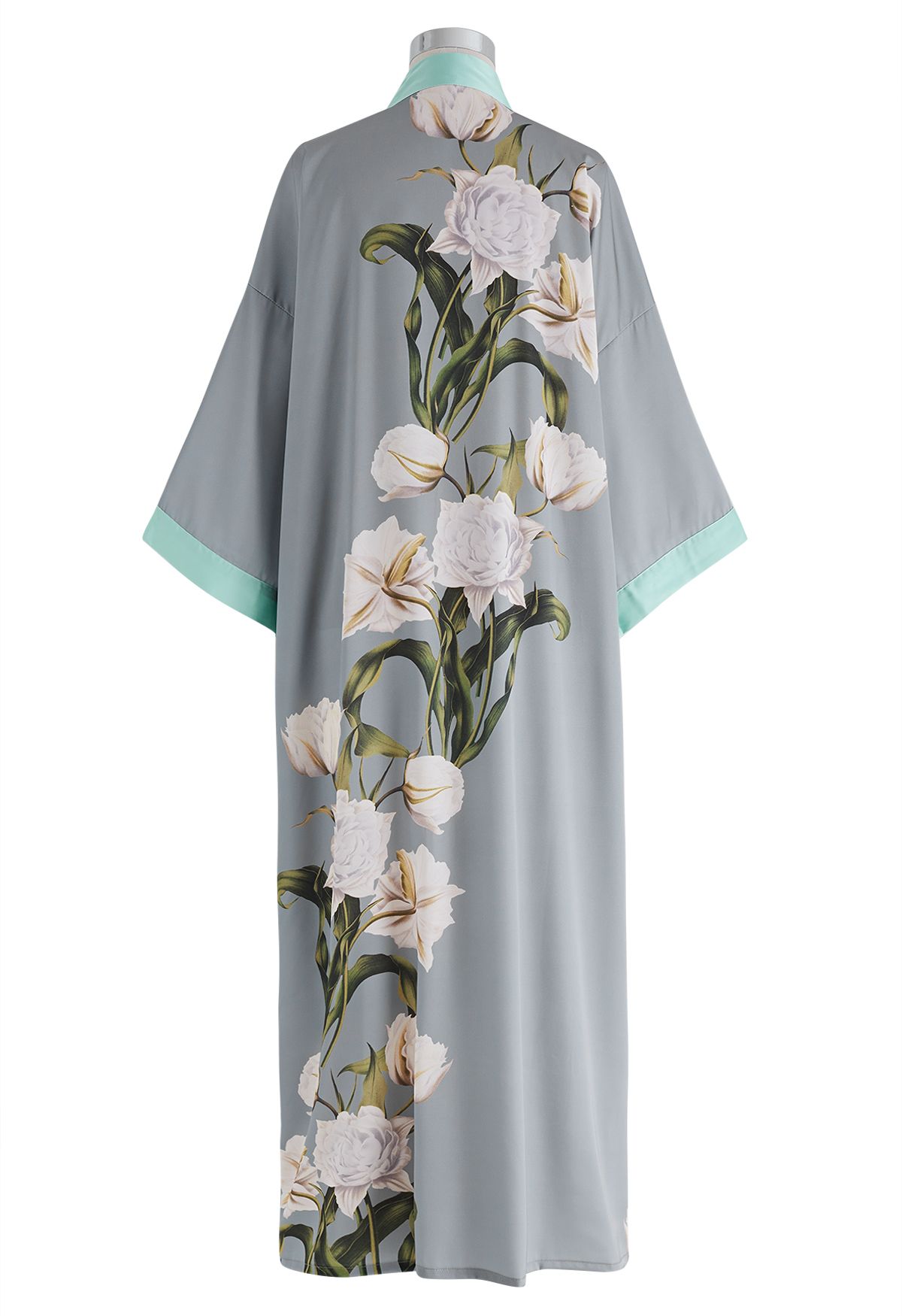 Floral Print Satin Robe in Dusty Blue