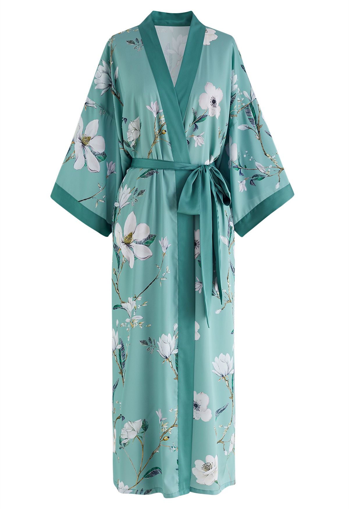 Floral Print Satin Robe in Green