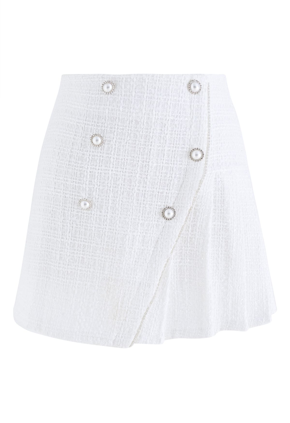 Double-Breasted Pleated Tweed Mini Skirt in White