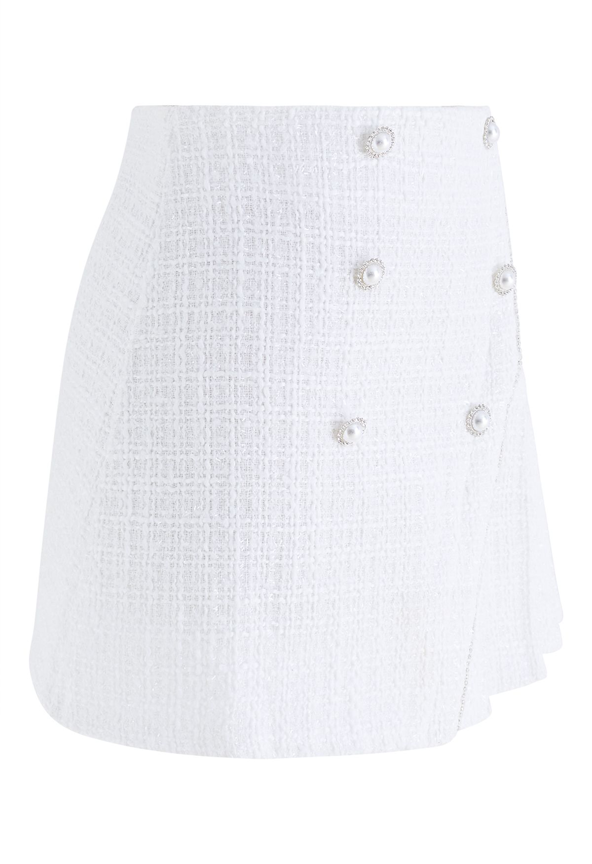 Double-Breasted Pleated Tweed Mini Skirt in White